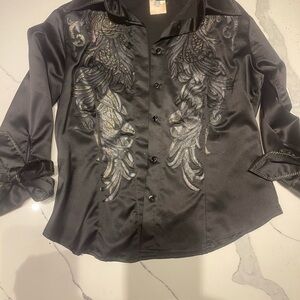 Just Cavalli Black Satin Embroidered Black Blouse | Size IT 42